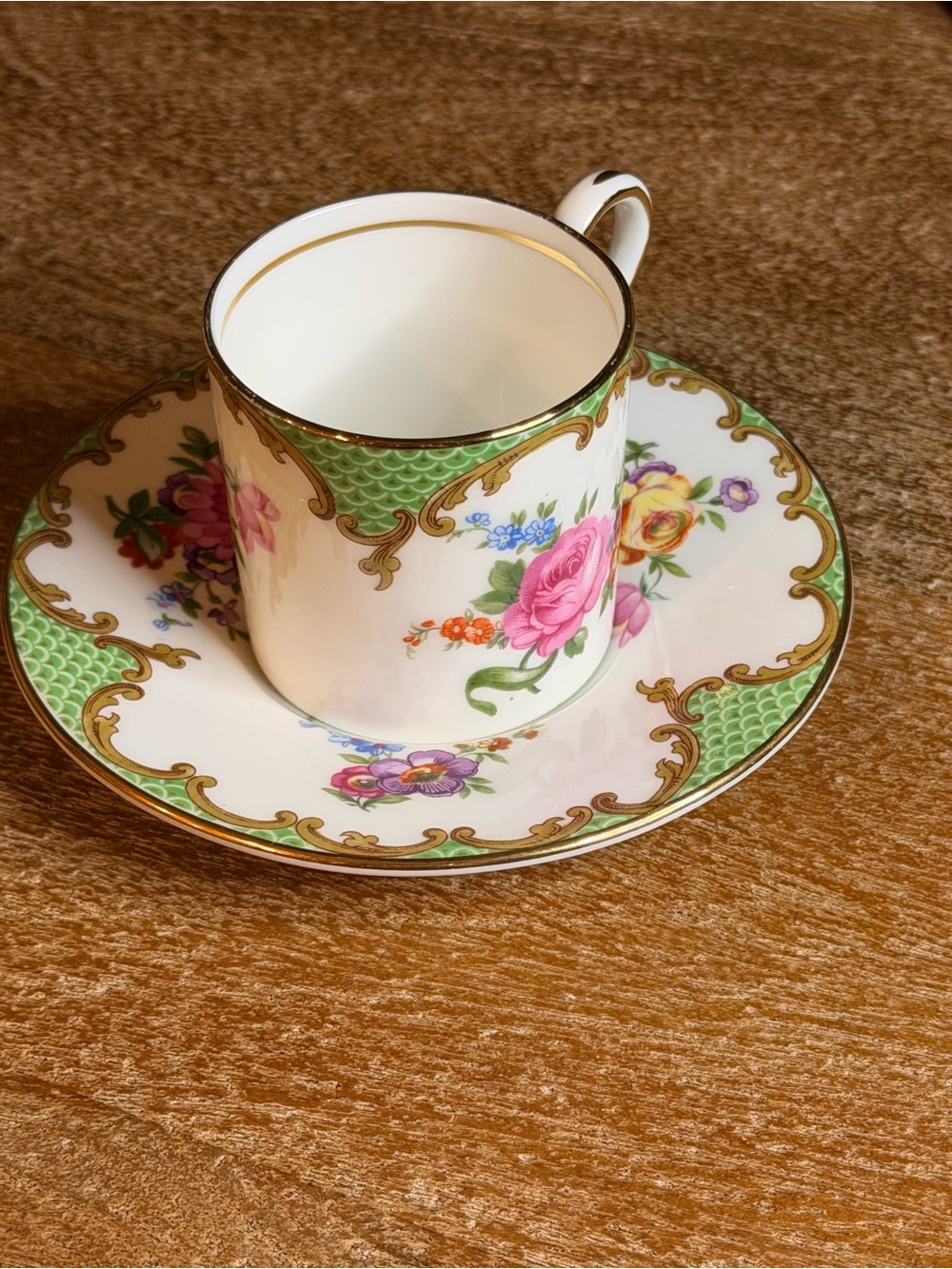 Vintage Aynsley English Bone China Demitasse Cup & Saucer – Green Scale & Floral